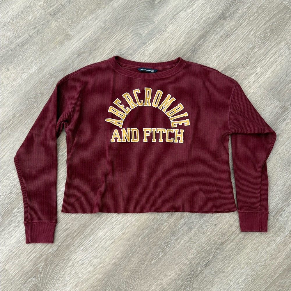 Abercrombie & Fitch Women’s Burgundy Cropped Thermal Waffle Long Sleeve Top -XS